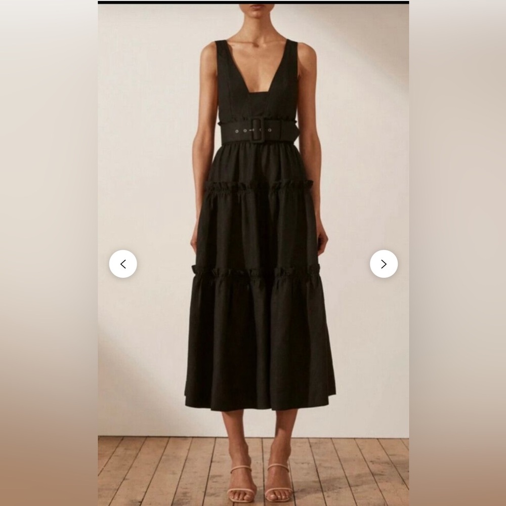 SHONA JOY NICOLETTE LINEN TIERED MIDI DRESS